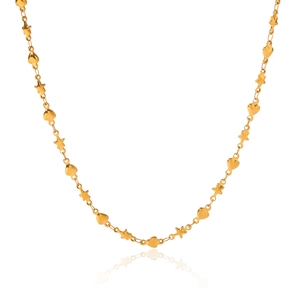 Detail showing golden star and heart charms on a polished stainless steel chain