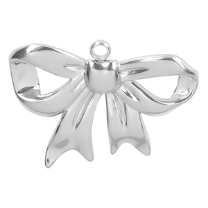 Macro detail of a 304 stainless steel silver bow pendant with polished metal finish