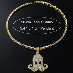 Macro view of 50cm golden tennis chain and 5.4cm iced out octopus pendant with crystals