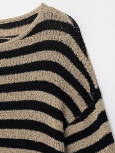 Gros plan sur la texture du pull en maille à rayures noir et or avec fibres métallisées