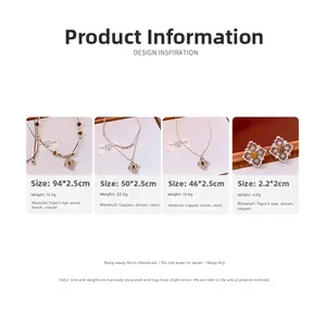 Size chart showing tiger eye stone and zircon necklace set with detailed measurements