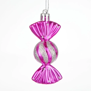 Pink candy-shaped Christmas ornament with silver glitter stripes and glossy finish