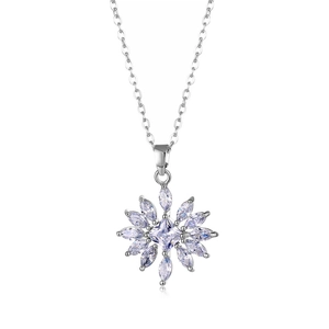 Silver snowflake necklace with marquise-cut zircon stones on a thin cable chain