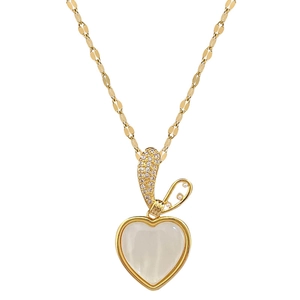 Elegant gold titanium heart necklace with white mother of pearl and crystal rabbit ears