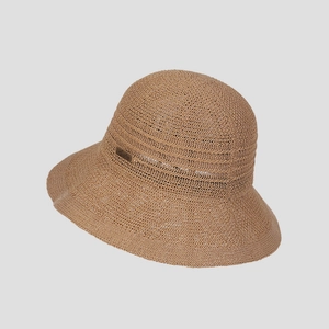 Detailed side view of a lightweight breathable khaki knitted sun hat with wide brim