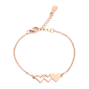 Rose gold heart bracelet with three linked hearts and adjustable 18KGP lobster clasp