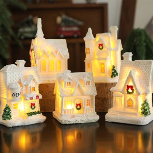 Christmas Glowing Snow House Resin LED Lighted Miniature Building Desktop Ornaments Holiday Decor Gift