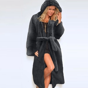 Detail of long charcoal faux fur coat featuring a cozy hood and waist drawstring tie