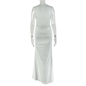 Detailed back view of white sleeveless maxi dress featuring elegant ruched texture