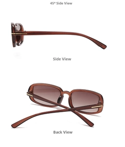 Detail view of transparent brown rectangular sunglasses with gold metal temple accents