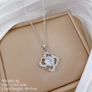 Silver clover necklace with crystals on silk, Weight 4g, Size 1.7x2.5cm, Chain 40+5cm