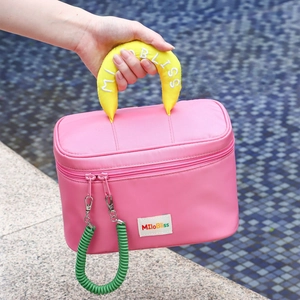 Large capacity pink makeup bag with yellow handle and green telephone wire strap