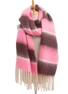 Detailed view of pink, brown, and white striped scarf with soft fringe tassels