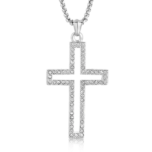 Hip hop hollow cross pendant necklace with cubic zirconia in silver stainless steel