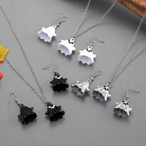 Ghost jewelry set with necklaces and earrings in black, white and silver for Halloween