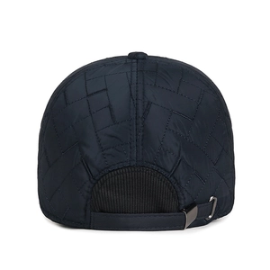 Men's winter baseball cap with ear protection and quilted navy blue fabric detail