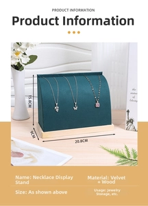 Macro view of dark green velvet necklace display stand with wooden base and dimensions