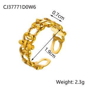 Detail view of gold open ring showing dimensions 0.7cm width and 1.9cm inner diameter