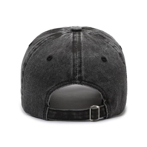 Vintage washed black denim baseball cap with distressed details and adjustable metal buckle