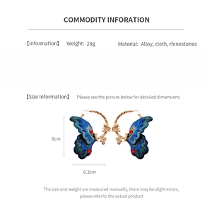 Detailed size and material guide for blue embroidered butterfly rhinestone earrings