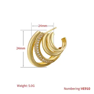 18K gold layered C-shape hoop earrings with micro-pave cubic zirconia and 24mm diameter