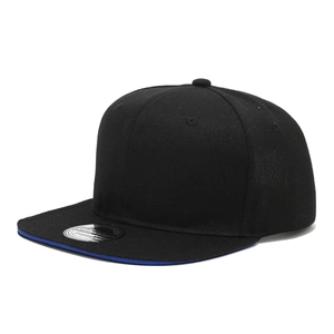 Classic black snapback cap with a blue rimmed flat brim and six-panel cotton structure