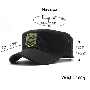 Unisex black cotton cadet cap with military embroidery and dimension measurements