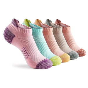 Close-up of five-pack low-cut athletic cotton socks in mixed colors with knit texture