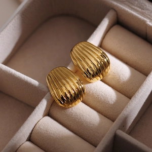 Elegant 18k gold plated stainless steel shell earrings with fine vertical stripe texture