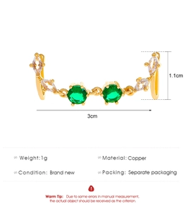 Detailed technical diagram of copper U-shaped nose ring with green and white zircons
