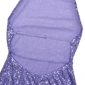 Detail of purple sequin dress back with open-back design and adjustable shoulder strap