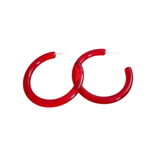 Minimalist red resin geometric hoop earrings with silver needles and glossy finish