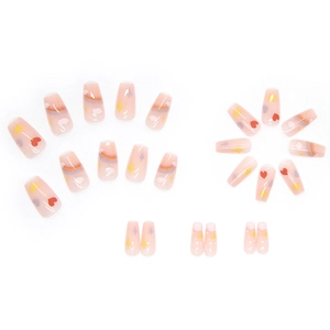 Rainbow and heart pattern ballerina press-on nails in translucent pink finish