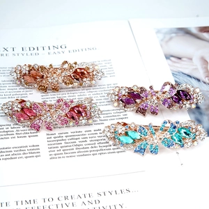 Set of 4 elegant ribbon flower spring hair clips with crystals and rhinestones for women