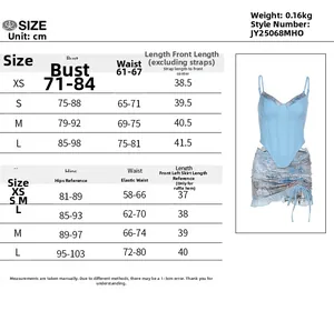 Detailed size chart for lace corset top and bodycon skirt set showing CM measurements