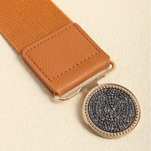 Elastic brown waist belt with golden buckle and black swirl decorative round pendant