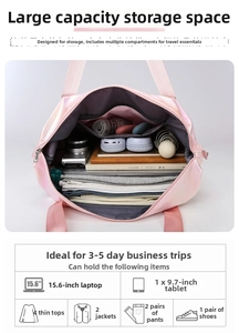 Pink travel bag detail showing large capacity for laptop, clothes and essentials