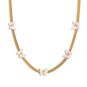 18K gold plated stainless steel snake chain necklace with five white shell butterflies