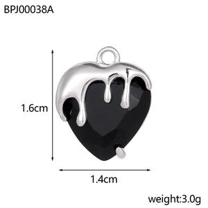 Detailed view of black faceted heart pendant with silver liquid metal drip and dimensions