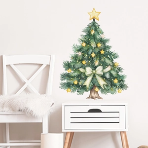 Christmas tree wall sticker with stars and bows in a minimalist Nordic bedroom setting