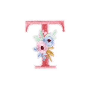 Embroidered letter T patch with pink and blue floral details for DIY garment decoration