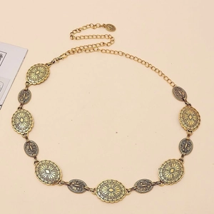 Bohemian bronze metal waist chain with vintage engraved discs for dresses and shirts