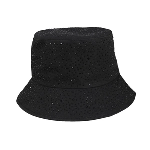 Chic foldable black bucket hat for women decorated with sparkling rhinestone stars
