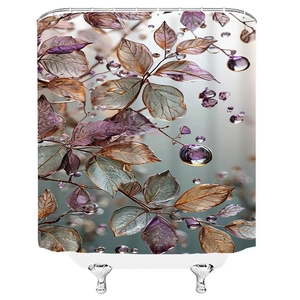 Wasserdichter Duschvorhang aus Polyester mit lila Herbstblättern und realistischen Wassertropfen