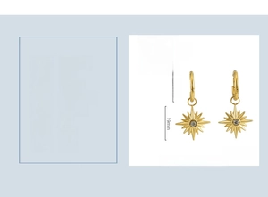 Detail view of 18K gold plated sunflower earrings with size specs and diamond accents