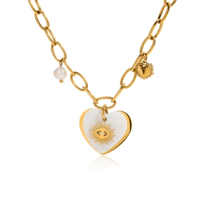 Golden stainless steel necklace with white heart, pearl, and small heart charms