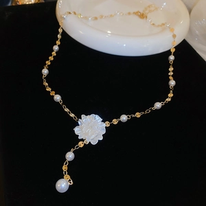 Collana A Y Con Fiore In Resina E Künstliche Perle Sintetiche Catena Da Clavicola In Rame Per Donne Elegante Stile Francese