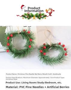 Detail of handmade Christmas pine needle wreath with red berries and natural jute rope
