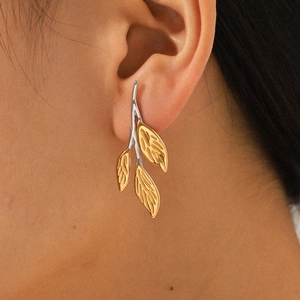 Leaf Branch Stud Earrings 18K Gold Plated Stainless Steel Textured Nature Inspired Dainty Versatile Jewelry For Women