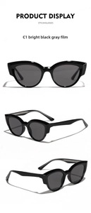 Detailed multi-angle view of C1 cat eye sunglasses with glossy black frames and grey lenses